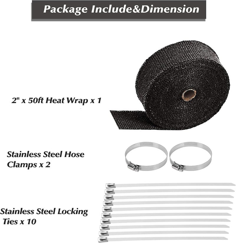 TuhooMall 2" x 50' Titanium Exhaust Heat Wrap for Motorcycle Car,Fiberglass Exhaust Header Wrap Tape with Stainless Steel Locking Ties and Duct Clamps (Black) - Image 4